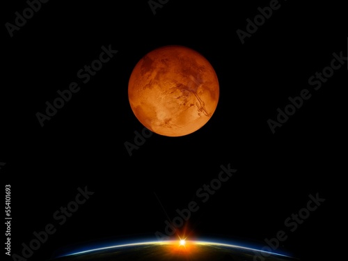 Red planet with satellite. Space landscape. Cosmic wallpaper. View from space, Planetary system.