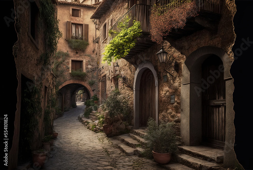 Old Catalan village s narrow street. Generative AI