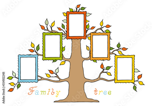 Family tree with photo frames. Freehand drawing. Doodle. Hand Drawn. Outline.	