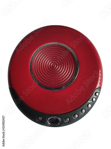 Red discman cd player isolated on white background. Electronic device. Portable disc player photo