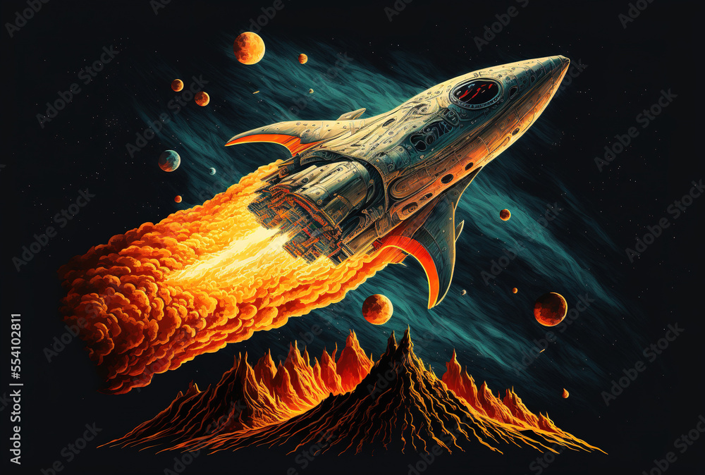 Fototapeta premium Illustration of a spaceship departing on a mission in space. Generative AI