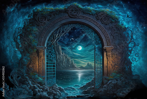 Surrealistic nature backdrop, artistic painting, a sea gate, a night of fantasy,. Generative AI © 2rogan