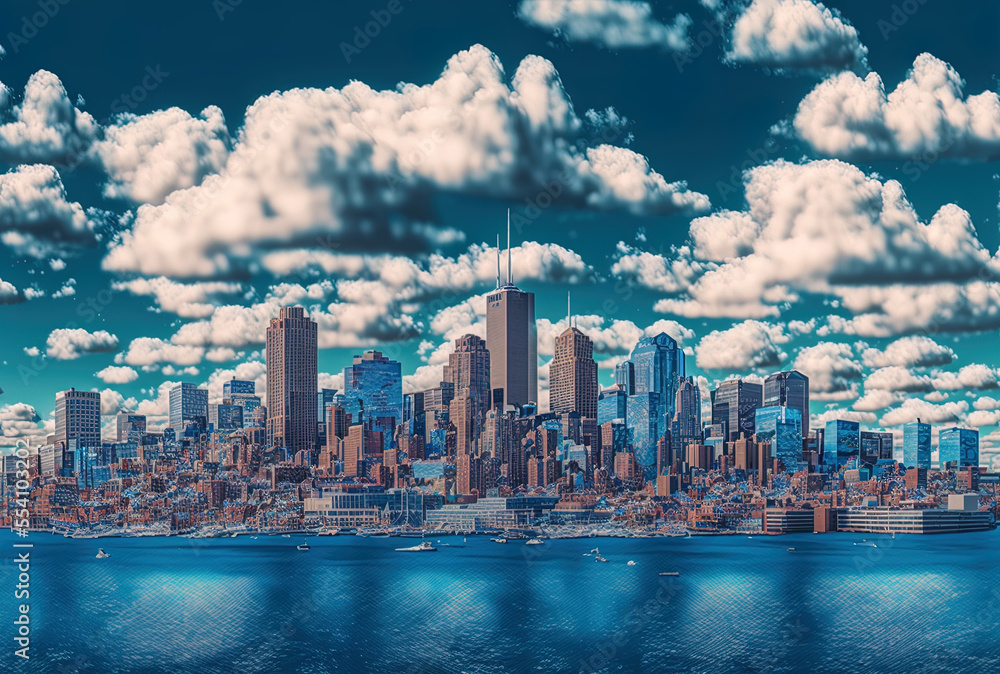 Naklejka premium Daytime panorama of Boston's metropolitan skyline Massachusetts Financial Downtown Hologram of Business Machine Learning and Artificial Intelligence robotic neural networks. Generative AI