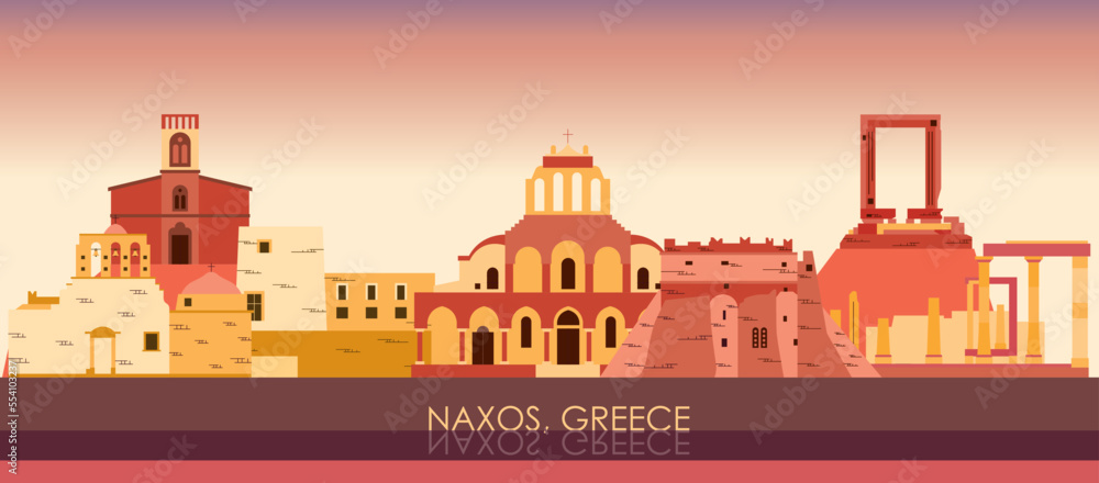 Sunset Skyline panorama of  Naxos, Cyclades Islands, Greece - vector illustration