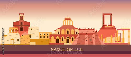 Sunset Skyline panorama of Naxos, Cyclades Islands, Greece - vector illustration