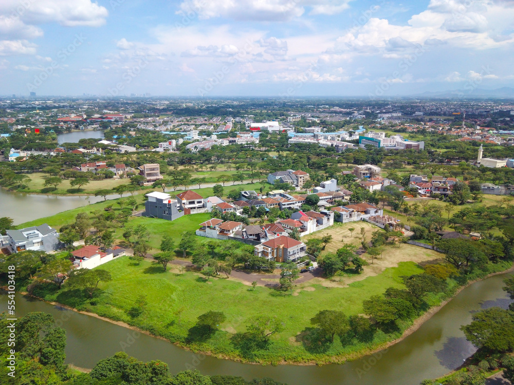 Aerial view of Luxury real estate named as Balidwipa around the river at citra raya, tangerang