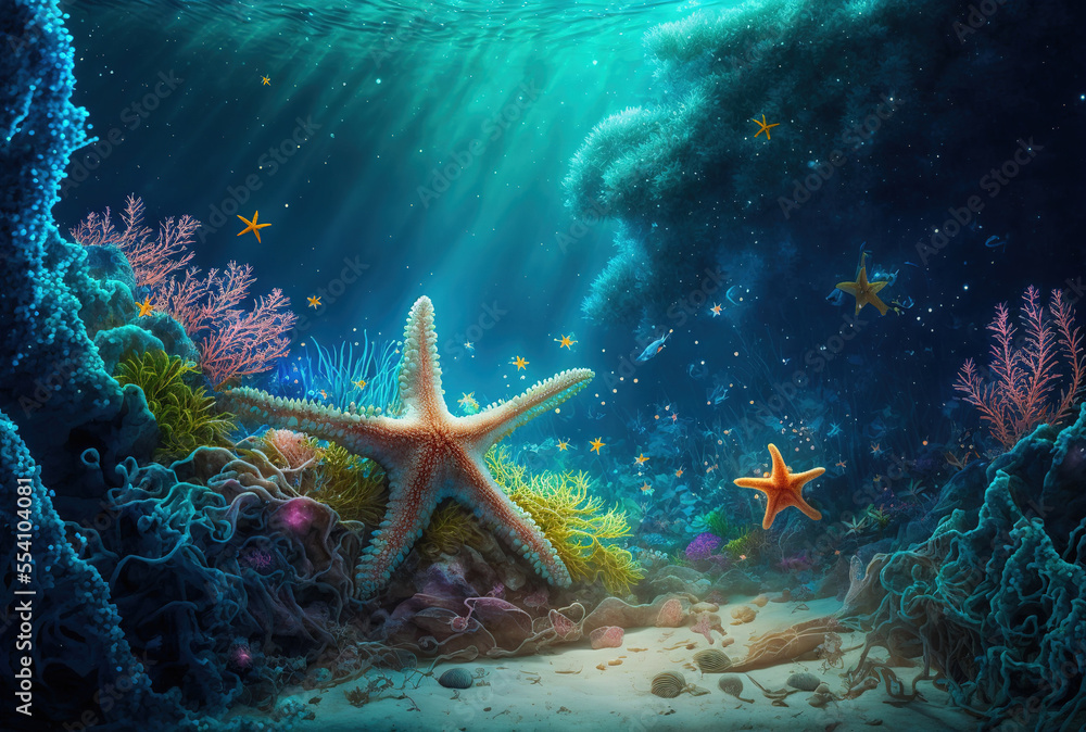 sea floor of the underwater world. coral reef algae with sea stars. Flora and fauna on the seafloor. landscape with marine fauna. Generative AI sea floor of the underwater world. coral reef algae with sea stars. Flora and fauna on the seafloor. landscape with marine fauna. Generative AI