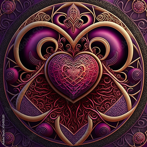 Intricate pink purple heart with slight golden touches  passion  romance  love  wedding  celebration  Valentines  illustration  digital