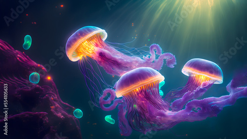glowing sea jellyfishes on dark background, neural network generated art. Digitally generated image. Not based on any actual scene or pattern.