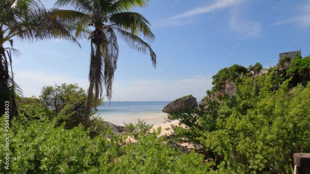The beautiful Caribbean coast with the purest water in the archaeological zone of Tulum, Mexico. Slow motion footage. The beautiful Caribbean coast with the purest water in the archaeological zone of Tulum, Mexico. Slow motion footage.