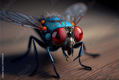 Close up of Blue Fly with Red Eyes. Generative ai