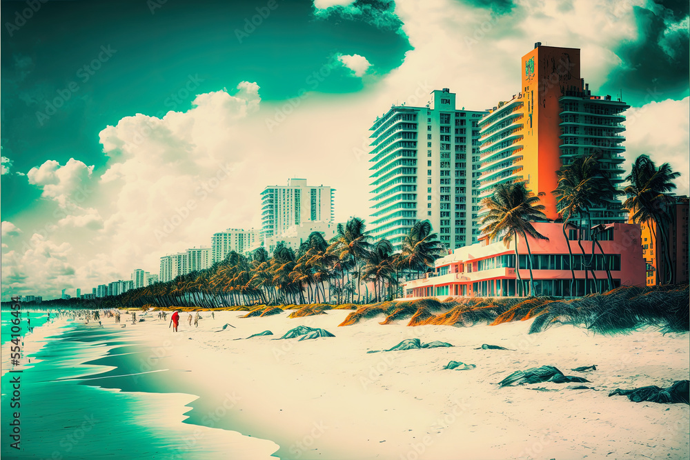 Fototapeta premium midjourney generated illustration by ai, miami beach scene in pastel colors