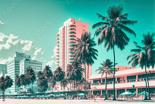 midjourney generated illustration by ai, miami beach scene in pastel colors photo