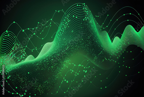 Abstract digital dynamic wave over a green backdrop with dots and lines visualization of large data. Generative AI
