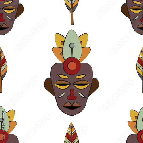 Seamless pattern of masks. National ornaments. Flat vector illustration. Rituals and initiations. Mysticism and magic. Items for the ceremony. A set of African, ethnic masks