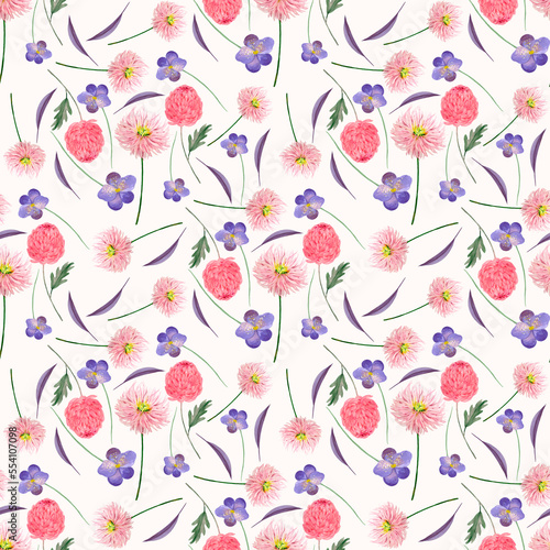 floral seamless pattern with pink and purple flowers on a white background