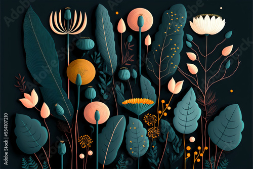 Wallpaper with plants and leaves and flowers on a black background
generative ai