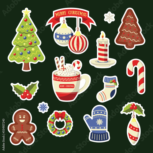 set Christmas illustrations on a dark green background, themed stickers featuring tree with decorations and toys, snowflakes, cup of hot chocolate with marshmallows and candies, sock and glove, candle