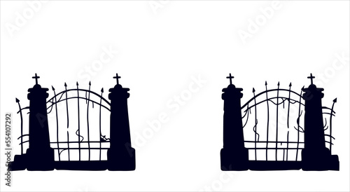 Old fence of cemetery. Halloween decoration. Black silhouette of gloomy wall.