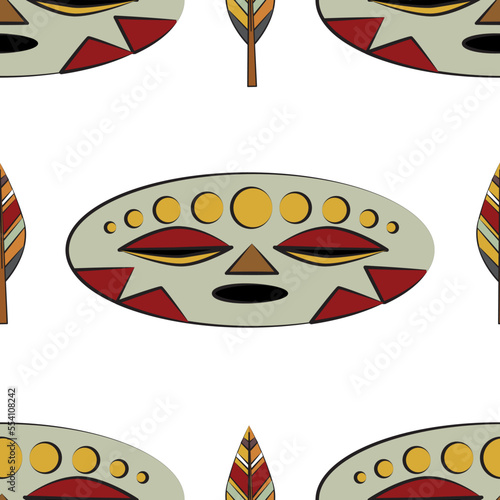 Seamless pattern of masks. National ornaments. Flat vector illustration. Rituals and initiations. Mysticism and magic. Items for the ceremony. A set of African, ethnic masks