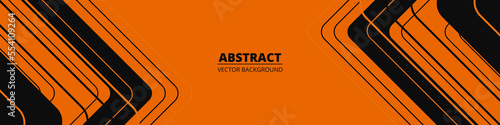 Orange abstract wide horizontal banner with black lines, arrows and angles. Orange modern sporty bright futuristic horizontal abstract background. Wide vector illustration