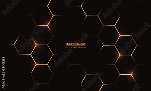 Black and yellow hexagonal technology vector abstract background. Yellow bright energy flashes under hexagon in modern technology futuristic background illustration. Dark gray honeycomb texture grid.