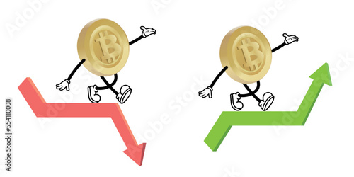 Vintage style cartoon character of a bitcoin walking down the red arrow and walking up the green crypto currency trend arrow. Bullish or bearish market trend. Cryptocurrency vector illustration