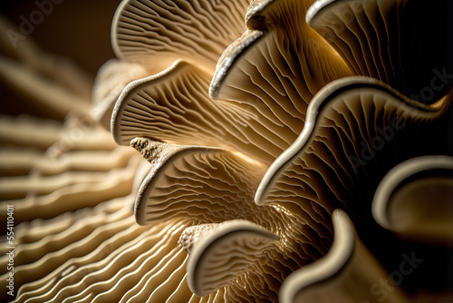 Closeup on the underside gills of oyster mushroom, generative ai
