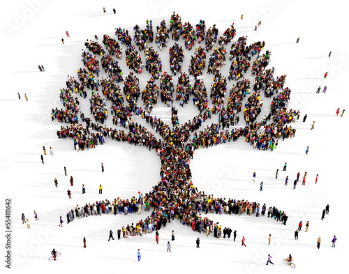 Tela Crowd of people gathered together in the shape of large tree, top view, human e