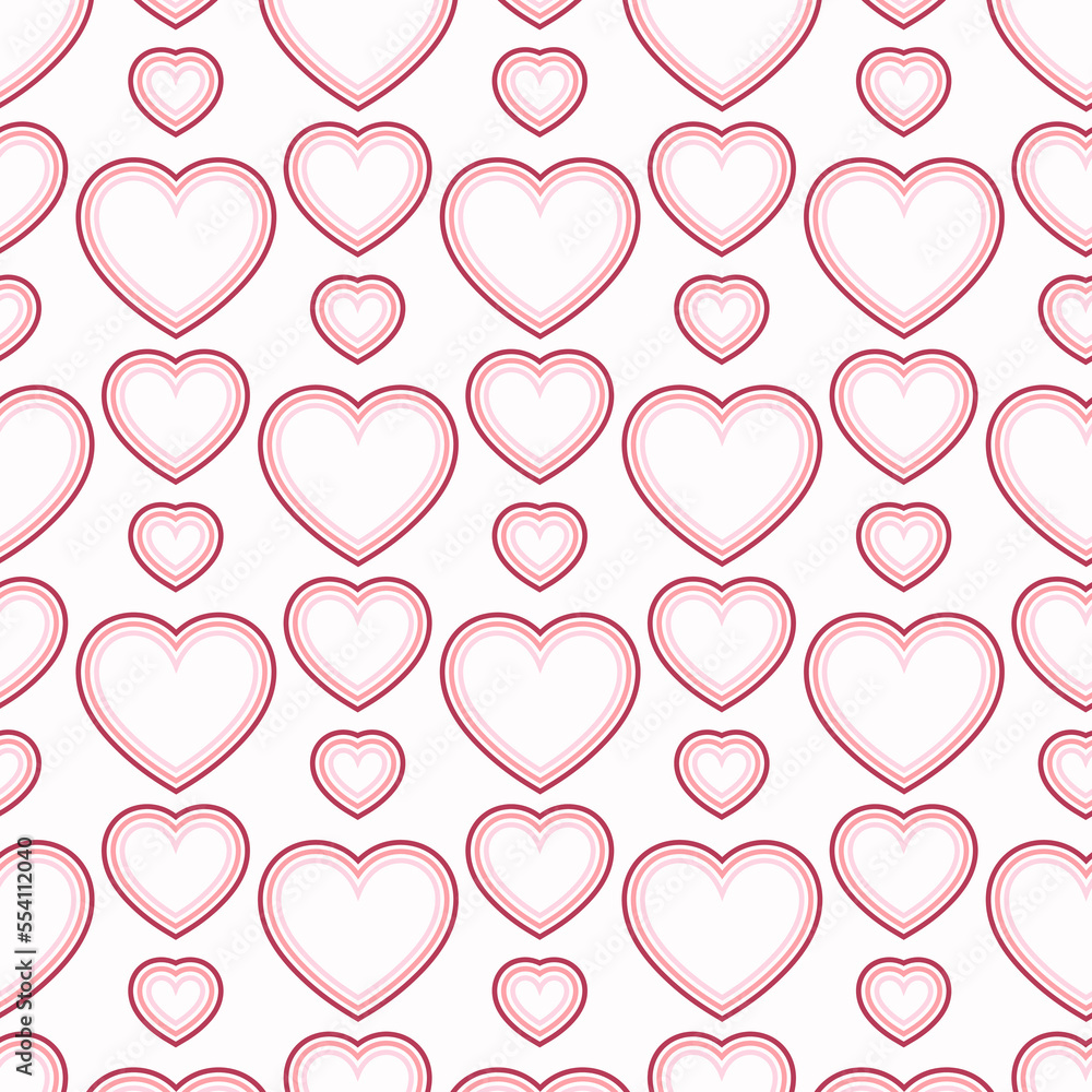 Seamless pattern of heart outlines in pin nuances on isolated background. Design for Valentine’s Day, Wedding, Mother’s day celebration, greeting cards, invitations, scrapbooking, home decoration.