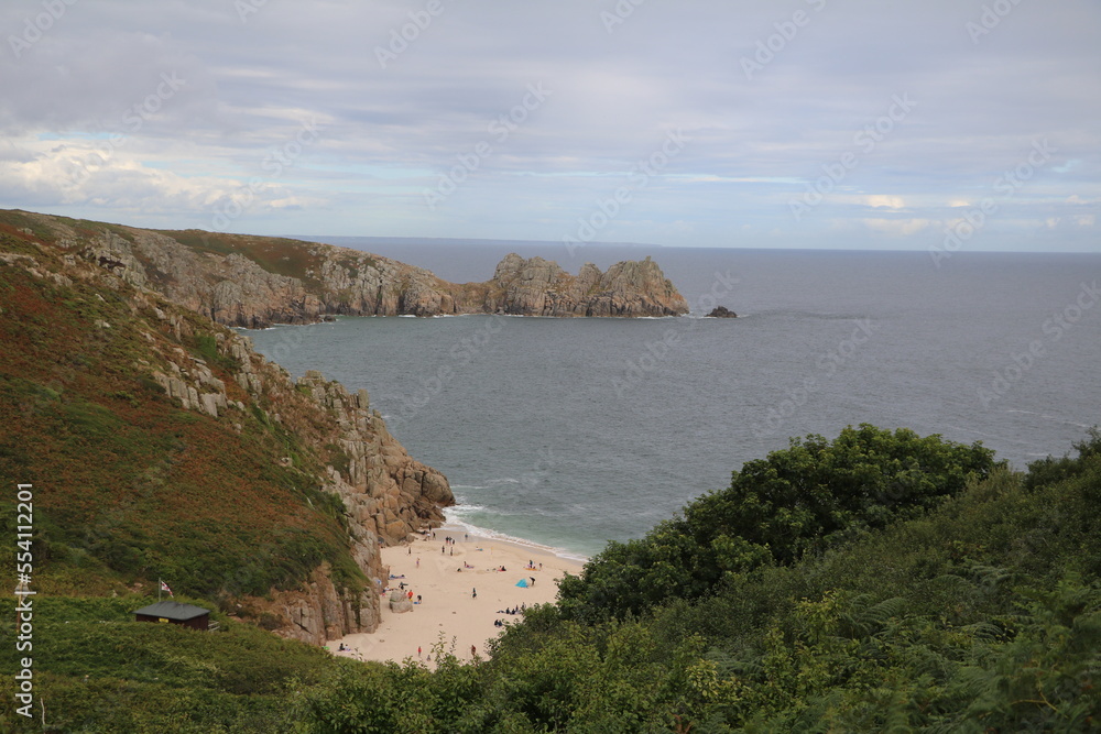 Holidays at Porthcurno beach at Atlantic ocean in Cornwall, England Great Britain