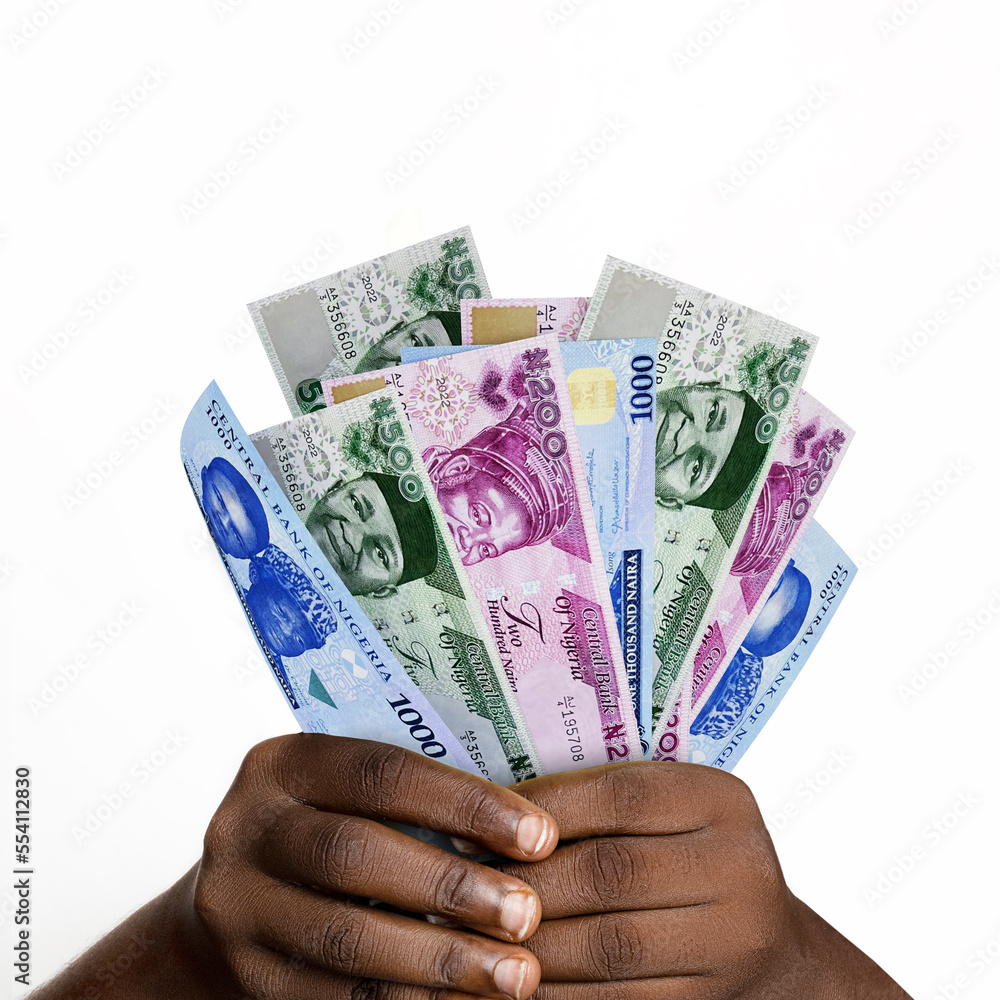 Foto de Black hands holding new 3D rendered Nigerian naira notes