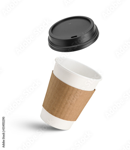 White paper coffee cup and black lid in the air © chones