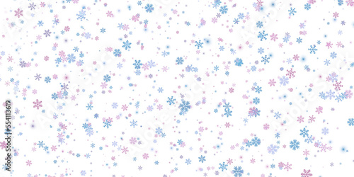 Multicolored snowflakes on a transparent background. Snow blizzard, winter background. PNG