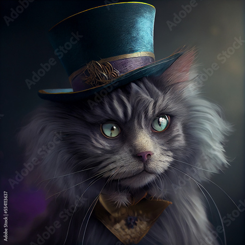  Gray Cat Wearing Fancy Top Hat. Generative ai