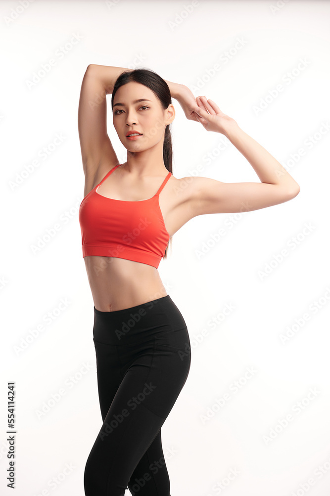 Beautiful young asian sport woman with sportswear ready for exercise on white background, Advertising sportswear and yoga wear, Healthy lifestyle, sport. Beautiful young asian sport woman with sportswear ready for exercise on white background, Advertising sportswear and yoga wear, Healthy lifestyle, sport.