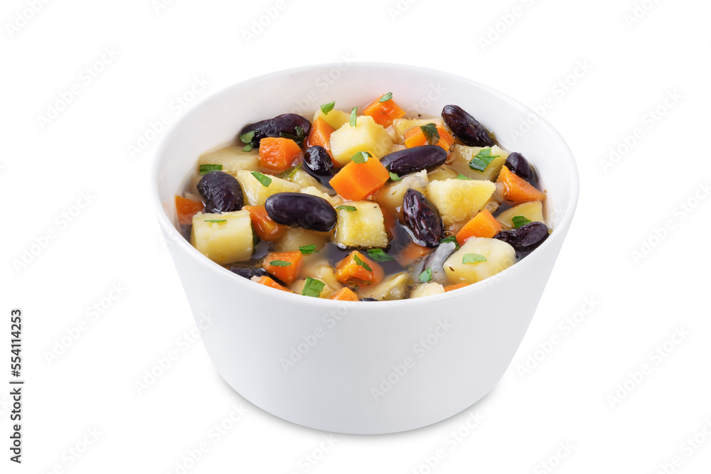 Kidney beans potato carrot vegan soup in a bowl on a white isolated background Kidney beans potato carrot vegan soup in a bowl on a white isolated background