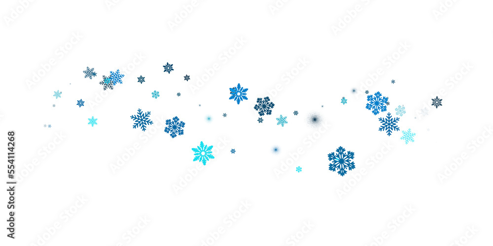 Blue snowflakes on a transparent background. Snow blizzard, winter background. PNG