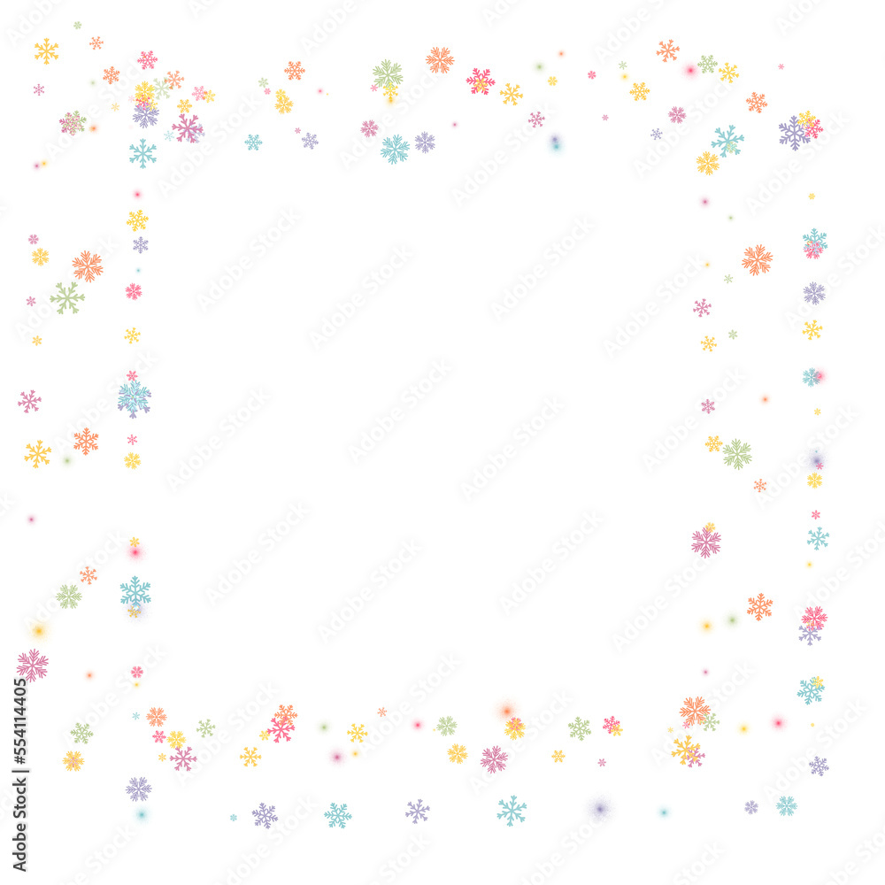 Snow background, square frame of a scattering of colorful snowflakes on a transparent background. PNG