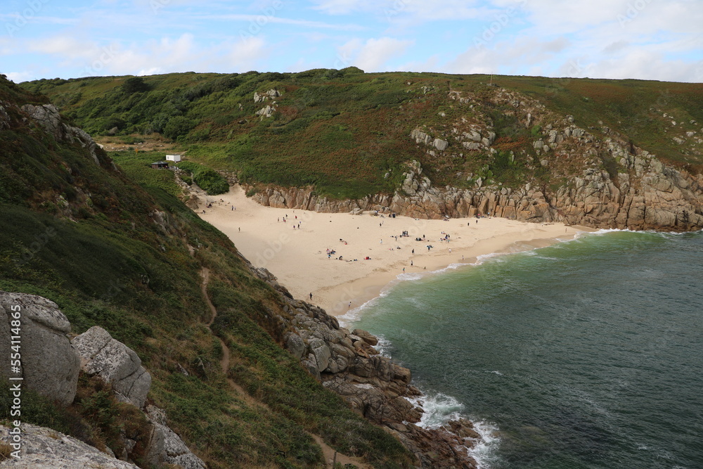 Aerial view of Porthcurno beach at Atlantic ocean in Cornwall, England Great Britain Aerial view of Porthcurno beach at Atlantic ocean in Cornwall, England Great Britain