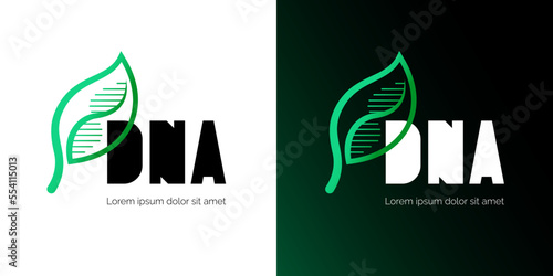 Nature DNA spiral molecule in leaf logo design. Medicine gene helix structure logotype concept. Genetic molecular plant. Green energy or biotechnology business brand identity creative vector template