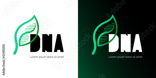 Nature DNA spiral molecule in leaf logo design. Medicine gene helix structure logotype concept. Genetic molecular plant. Green energy or biotechnology business brand identity creative vector template