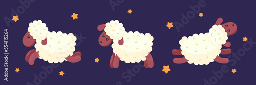 Set of sheeps in different poses on night background with stars. Count sheep jumping over the fence before bed. Funny lambs. Dream, relax, counting, insomnia, baby sleep, sleeplessness. Flat vector