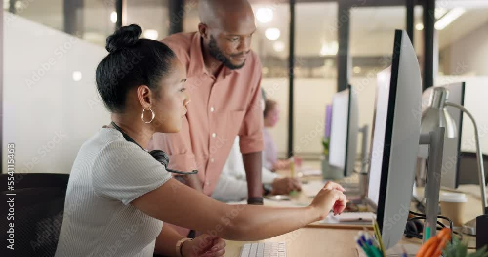 Collaboration, human resources and training with a business black woman talking to her manager or supervisor at work. Teamwork, meeting and management with a man and female employee in the office Collaboration, human resources and training with a business black woman talking to her manager or supervisor at work. Teamwork, meeting and management with a man and female employee in the office