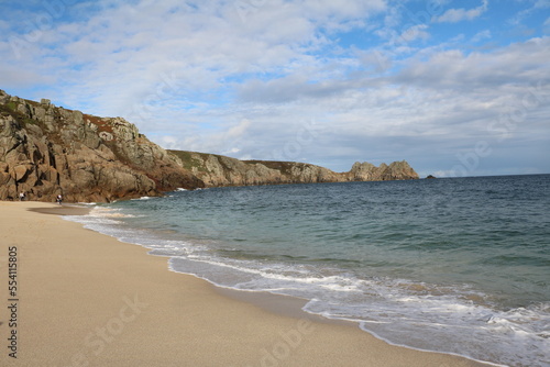 Porthcurno beach at Atlantic ocean in Cornwall, England Great Britain