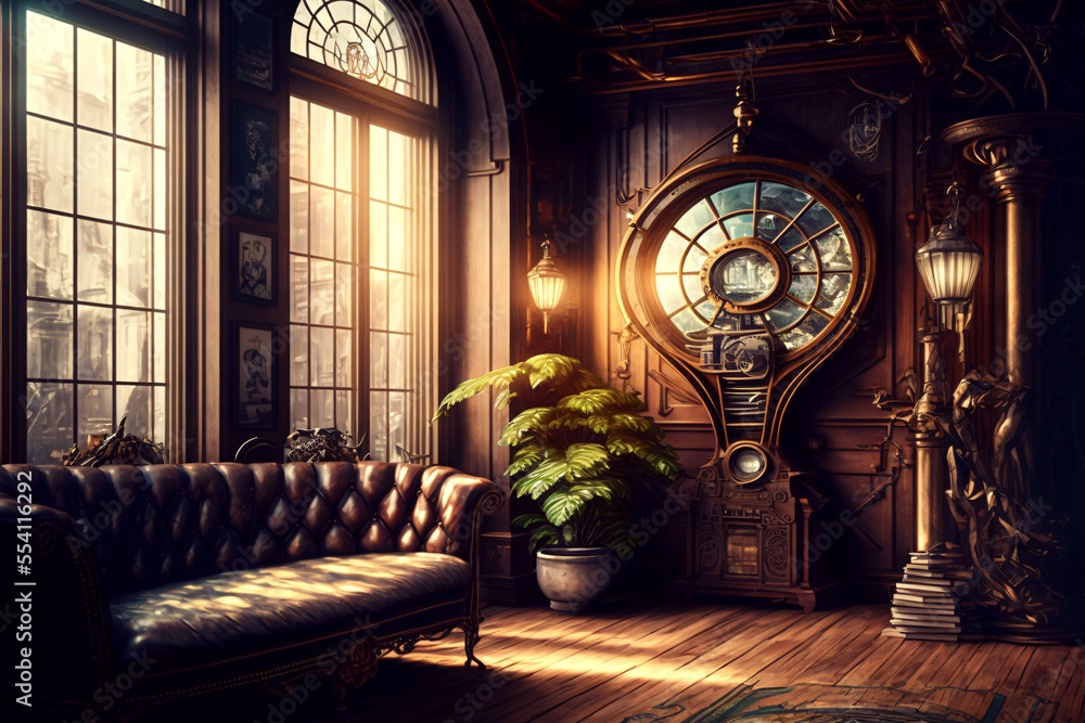 steampunk interior design, fantasy retro hall, in a victorian house