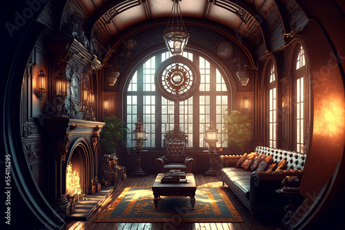 steampunk interior design, fantasy retro hall, in a victorian house with big windows, fictional interior created with generative ai photo