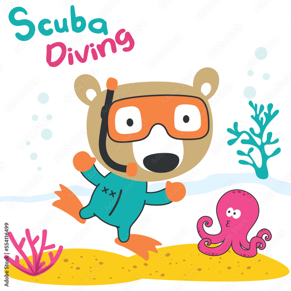 Vector illustration of cute bear in snorkel mask diving in the sea. Can be used for t-shirt print, Creative vector childish background for fabric textile, and other decoration