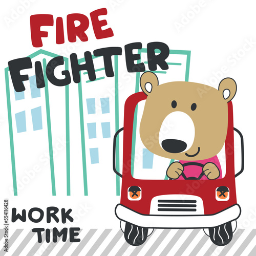 Vector illustration of funny bear firefighter on fire truck. Creative vector childish background for fabric, textile, nursery wallpaper, card, poster and other decoration © Hijaznahwani