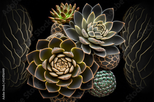 Fractal of succulents and plants, focus stacked, on an isolated black background 
generative ai